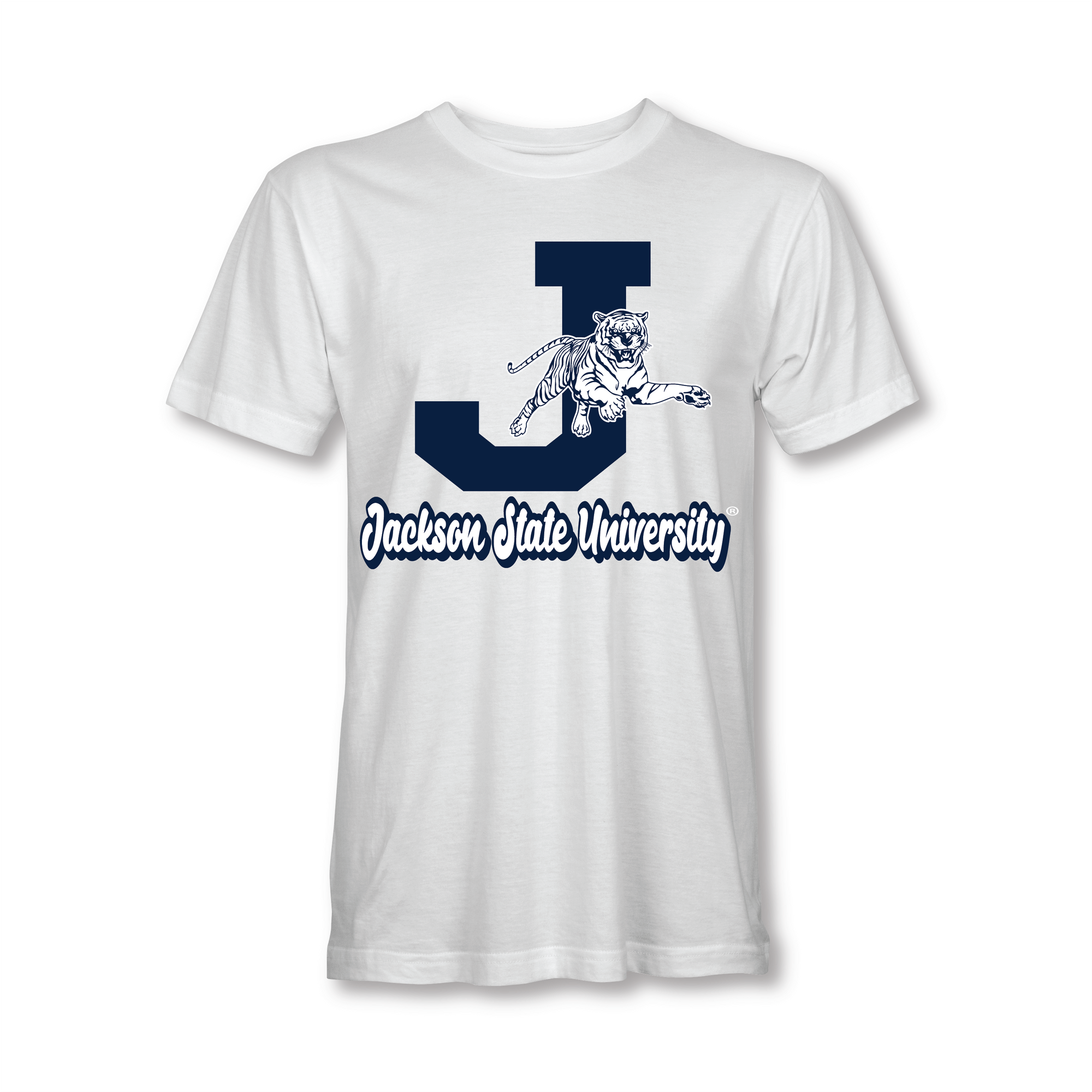 White short-sleeve crew neck T-shirt with leaping tiger and university text graphic