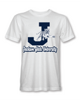 White short-sleeve crew neck T-shirt with leaping tiger and university text graphic