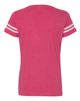 Ladies V-neck football jersey tee in hot pink with white striped sleeve cuffs