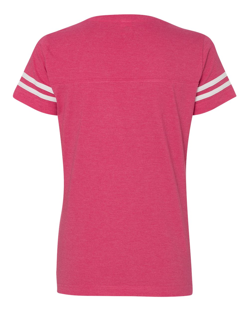 Back view ladies V-neck fine jersey tee in hot pink with white striped sleeves