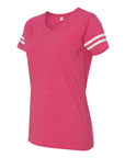 Vintage hot pink V-neck fine jersey tee for women with striped sleeve cuffs
