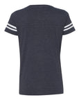 Dark navy fine jersey V-neck tee back view with striped sleeve cuffs