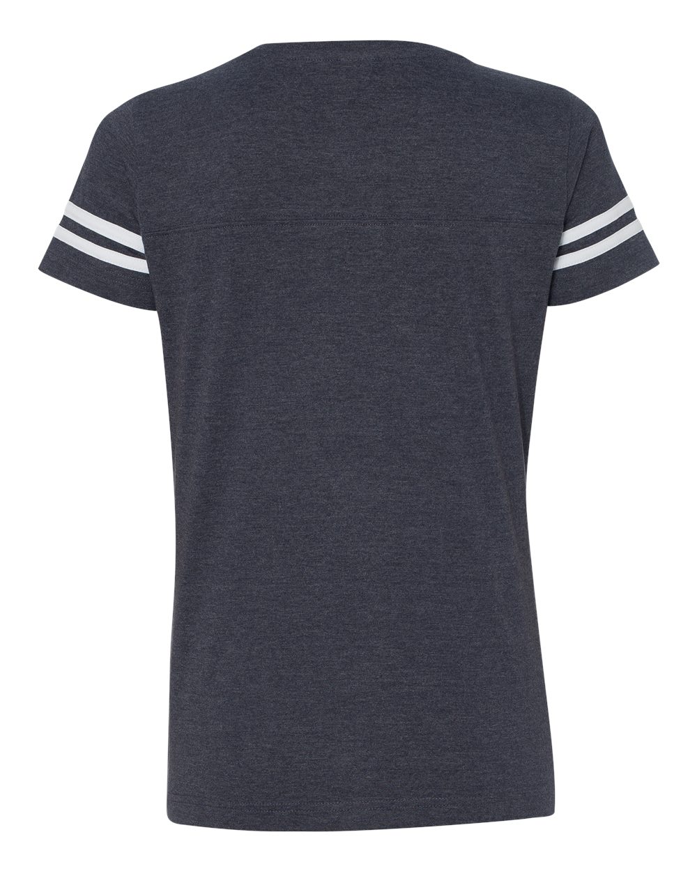Back view ladies V-neck fine jersey tee in dark heather with white striped sleeves
