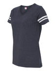 Ladies V-neck football jersey tee in dark heather with white striped sleeve cuffs