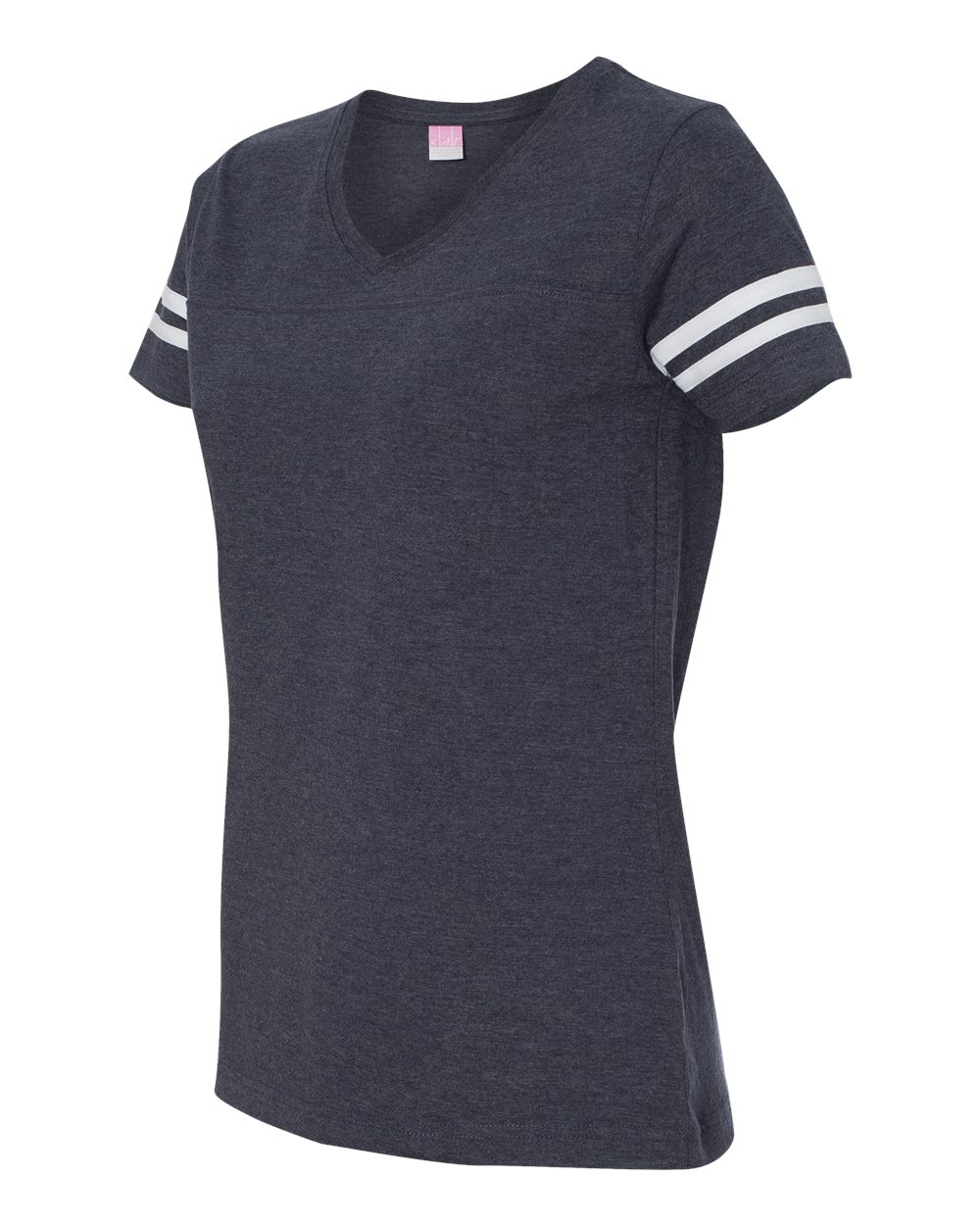 Ladies V-neck fine jersey tee in dark heather with white striped sleeve cuffs