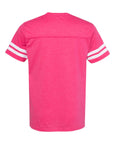 Hot pink unisex crewneck football jersey tee with white striped sleeve cuffs, back view