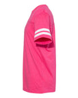 Hot pink unisex crewneck football jersey tee with white striped sleeve cuffs