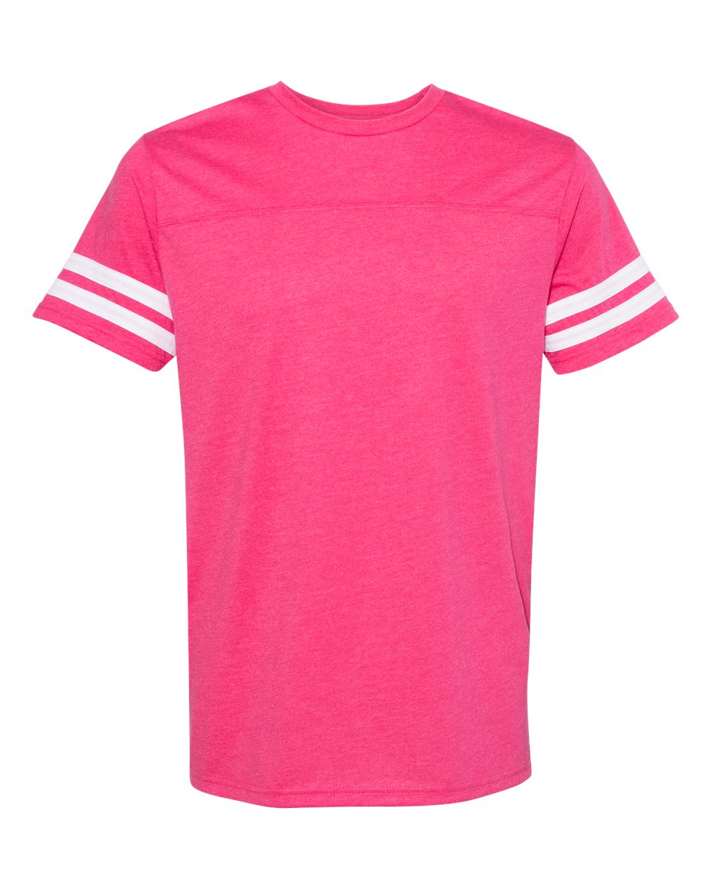 Unisex crewneck football jersey tee, vintage hot pink back view with white striped cuffs