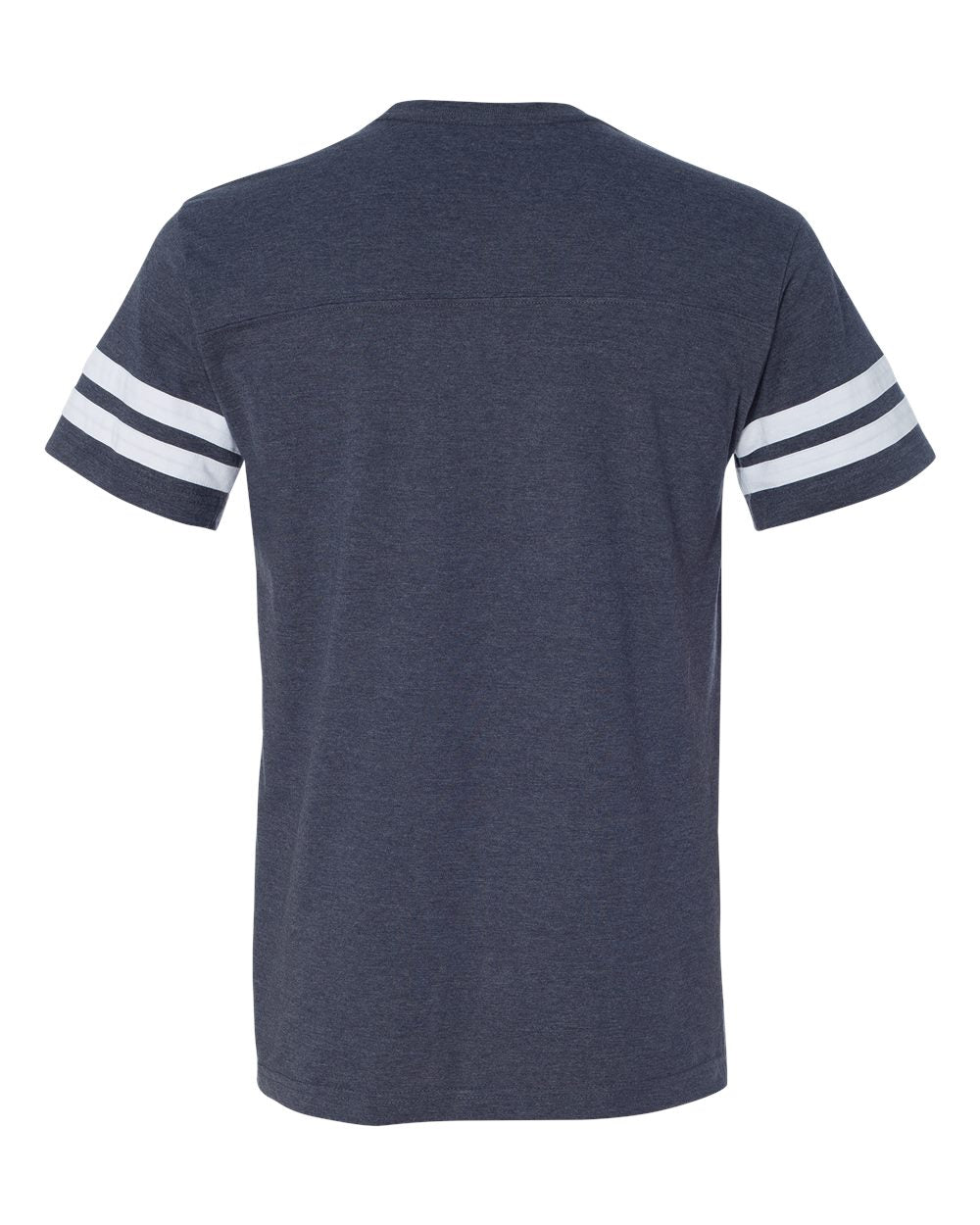 Unisex crewneck football jersey tee, dark navy back view with white striped sleeve cuffs