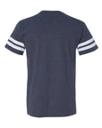 Dark navy unisex crewneck football jersey tee with white striped sleeves, back view