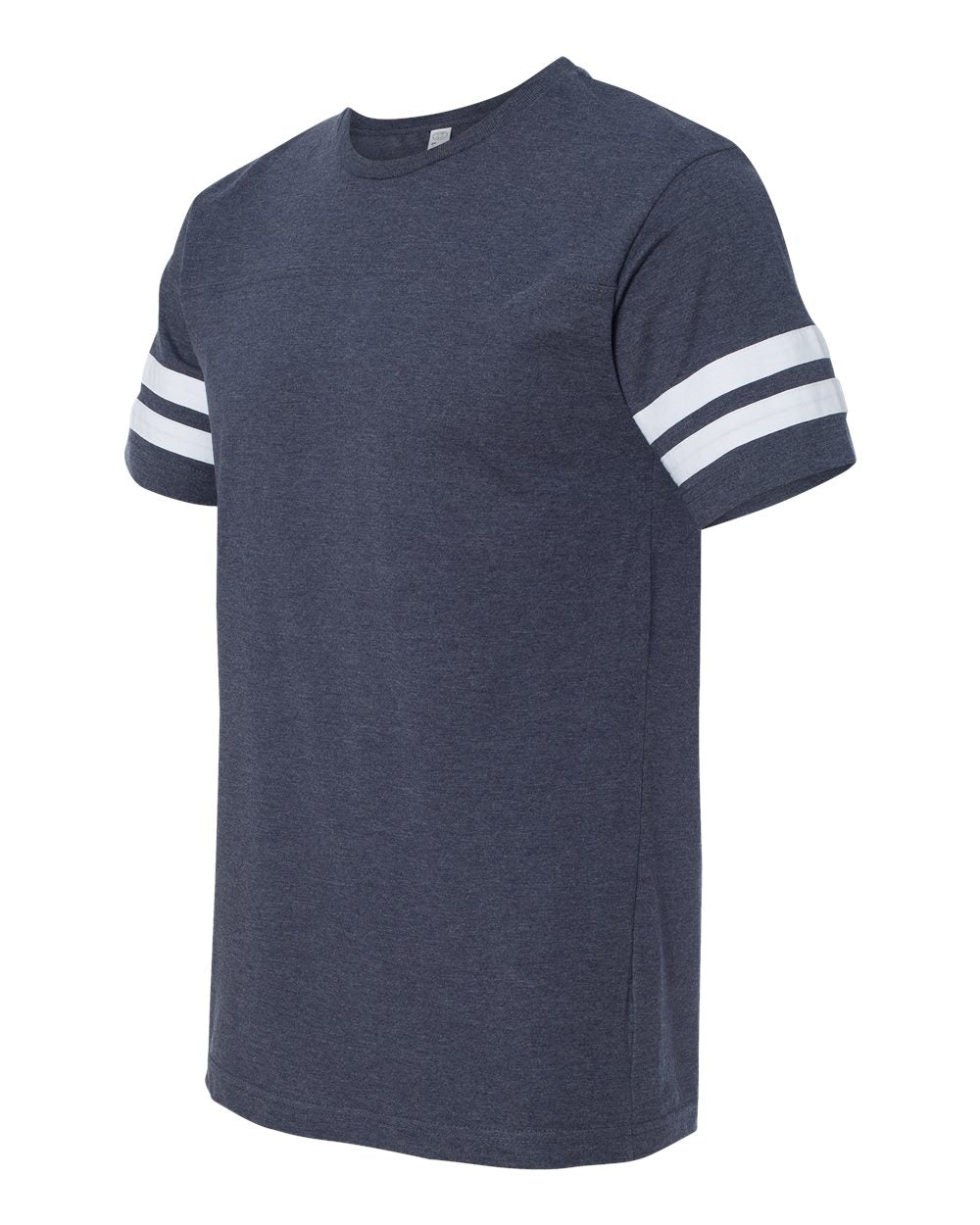 Unisex crewneck fine jersey tee in vintage navy, short sleeves with white striped cuffs