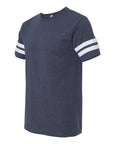 Dark navy unisex crewneck football jersey tee with white striped sleeve cuffs