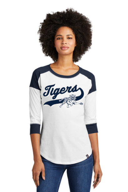 Ladies white and navy raglan baseball tee with Tigers logo, front view