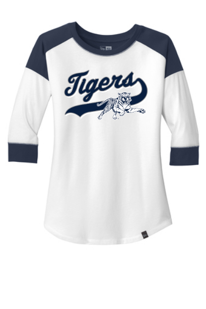 Ladies white and navy 3/4-sleeve raglan baseball tee with Tigers logo