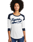 Ladies white and navy raglan baseball tee with Tigers logo, front view