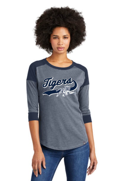 Ladies heather gray and navy raglan baseball tee with Tigers logo