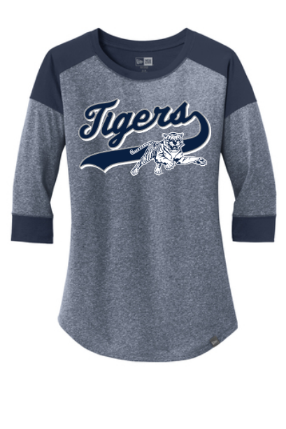 Ladies heather gray and navy 3/4-sleeve raglan tee with Tigers logo