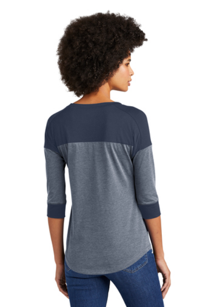 Ladies heather gray and navy raglan baseball tee, back view