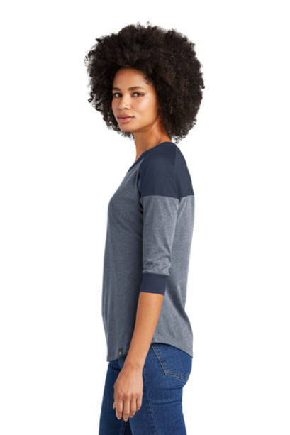 Ladies heather gray and navy raglan baseball tee, side view