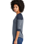 Ladies heather gray and navy raglan baseball tee, side view