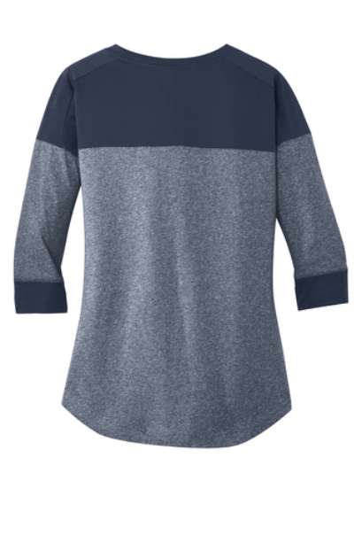 Ladies heather gray and navy 3/4-sleeve raglan baseball tee