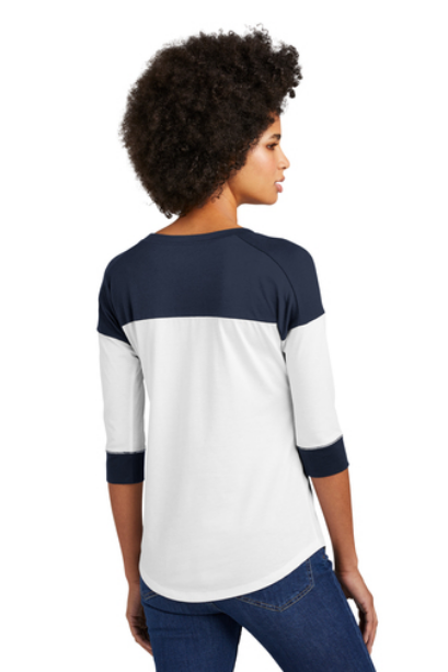 Ladies navy and white 3/4-sleeve raglan baseball tee, back view