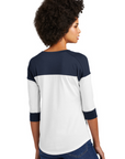 Ladies navy and white 3/4-sleeve raglan baseball tee, back view
