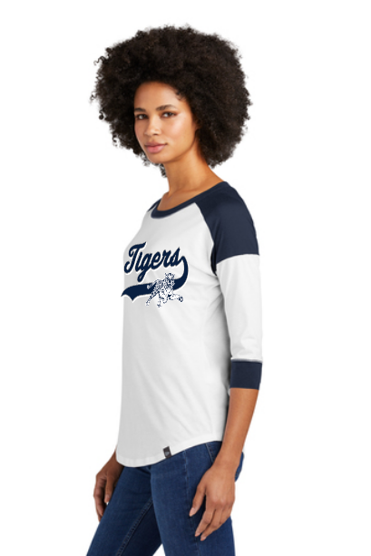 Ladies navy and white raglan baseball tee with Tigers logo on the chest