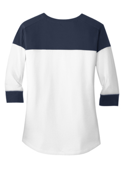 Ladies navy and white 3/4-sleeve raglan baseball tee with crew neckline