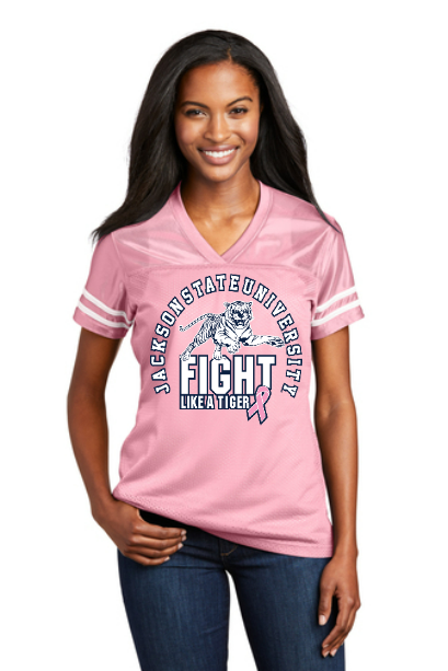 Light pink ladies V-neck replica jersey with circular tiger graphic, front view