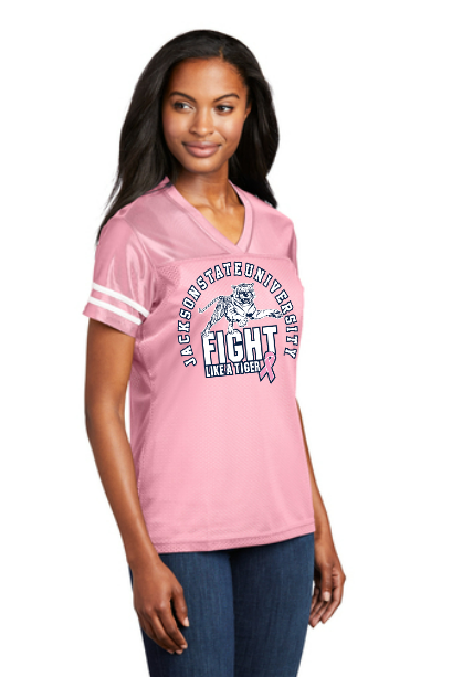 Light pink ladies V-neck replica jersey with circular tiger emblem, front view