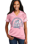 Light pink ladies V-neck replica jersey with circular tiger graphic, front view