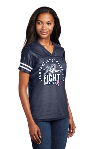 Ladies V-neck replica jersey, navy with white stripes and pink awareness ribbon