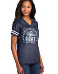 Ladies V-neck replica jersey, navy with white stripes and pink awareness ribbon