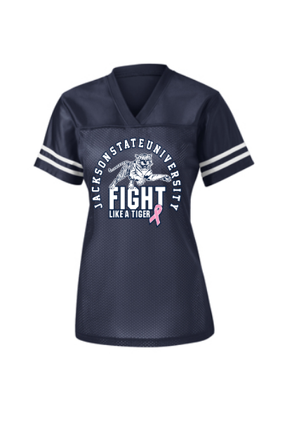 Ladies replica V-neck jersey, navy front with white sleeve stripes and awareness ribbon