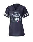 Ladies replica V-neck jersey, navy front with white sleeve stripes and awareness ribbon