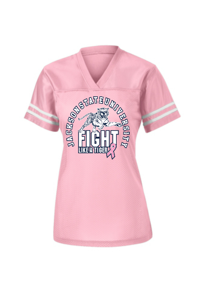 Light pink ladies V-neck replica jersey with circular tiger emblem, flat front