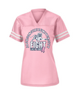 Light pink ladies V-neck replica jersey with circular tiger emblem, flat front