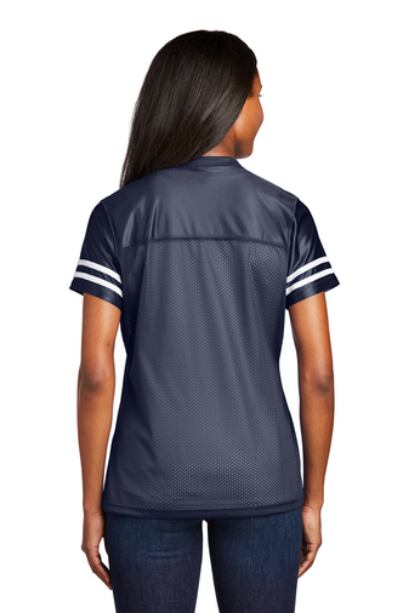 Navy blue ladies V-neck replica jersey with white sleeve stripes, back view