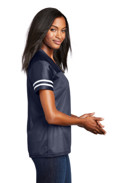 Navy blue ladies V-neck replica jersey with white sleeve stripes, side view