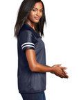 Navy blue ladies V-neck replica jersey with white sleeve stripes, side view