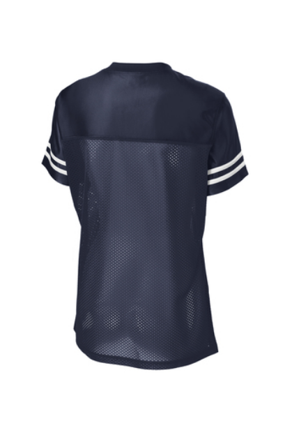 Navy blue ladies V-neck replica jersey with white sleeve stripes, back view
