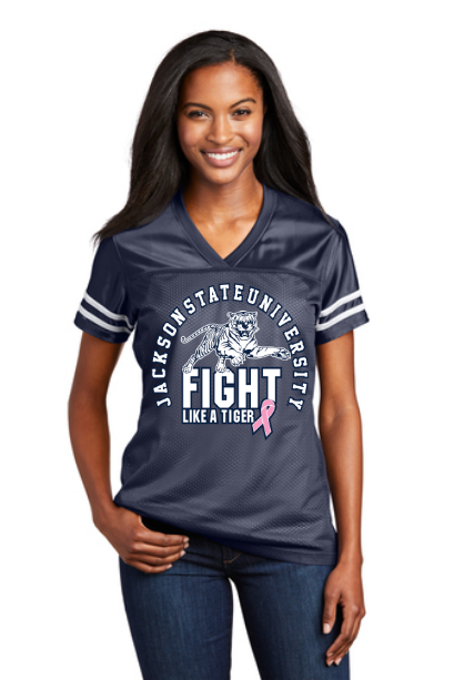 Ladies replica V-neck jersey, navy with tiger fight logo and pink awareness ribbon