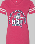 Ladies V-neck tee in vintage hot pink with Jackson State tiger Fight Like a Tiger logo