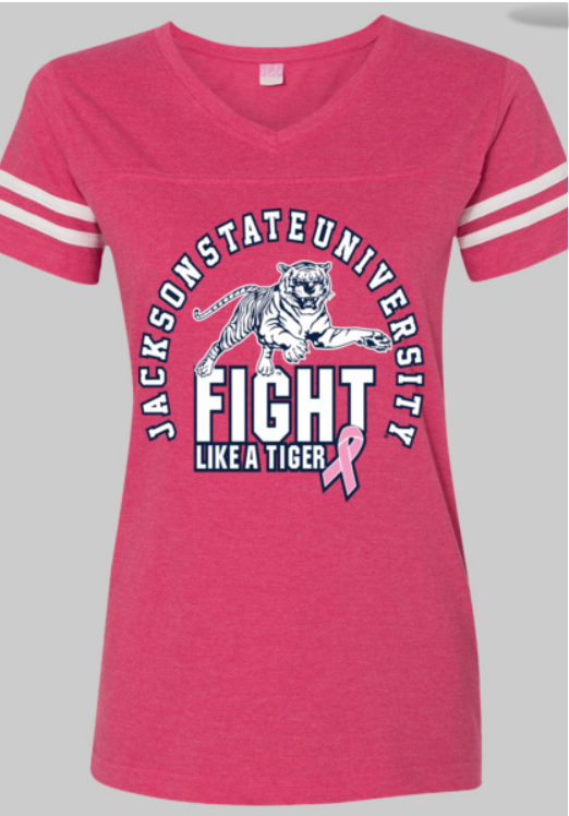Women’s curvy V-neck jersey tee in vintage hot pink, with varsity tiger graphic on chest