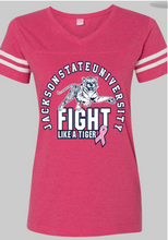 Load image into Gallery viewer, Jackson State University Fight Like A Tiger CURVY Women&#39;s Football V-Neck Fine Jersey Tee
