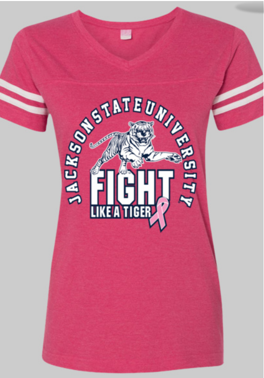 Jackson State University Fight Like A Tiger CURVY Women's Football V-Neck Fine Jersey Tee