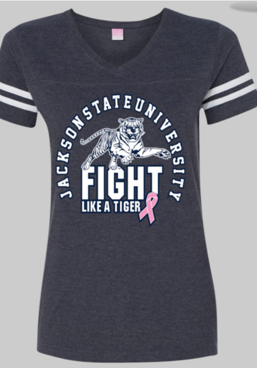 Ladies V-neck tee in vintage navy with Jackson State tiger Fight Like a Tiger logo