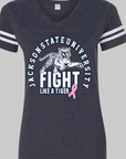 Ladies V-neck tee in vintage navy with Jackson State tiger Fight Like a Tiger logo