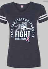 Load image into Gallery viewer, Jackson State University Fight Like A Tiger CURVY Women&#39;s Football V-Neck Fine Jersey Tee
